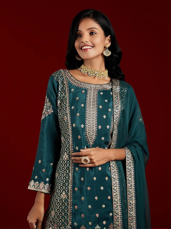 Libas Art Green Embroidered Silk Straight Kurta With Palazzos & Dupatta - Libas