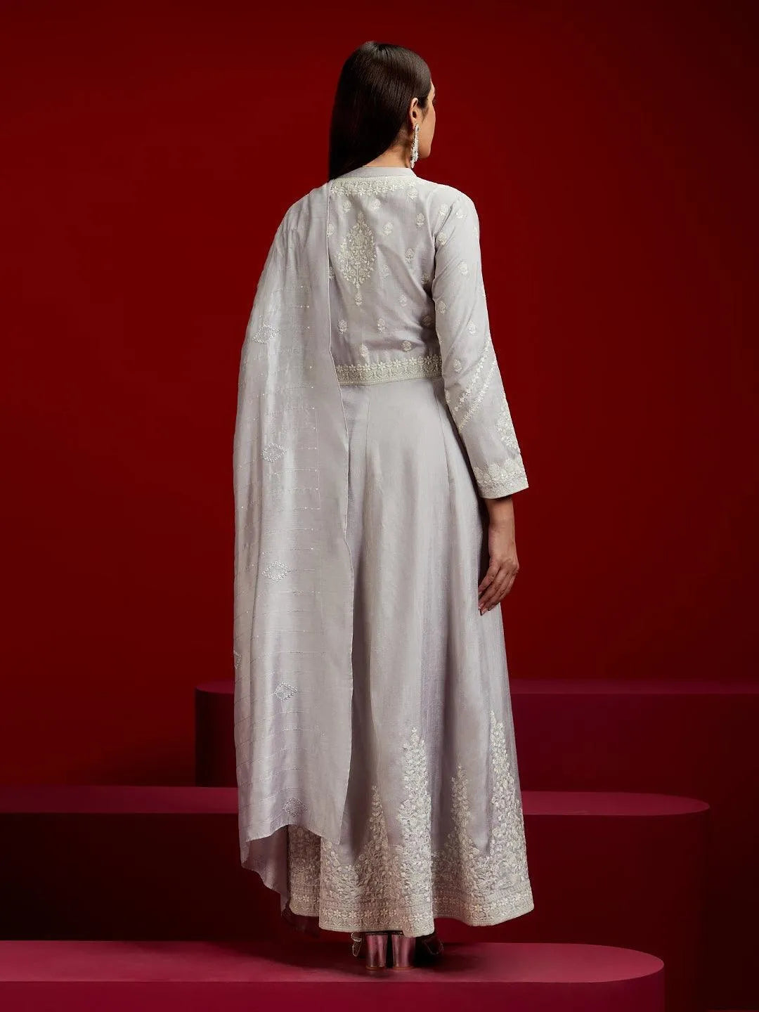 Libas Art Grey Embroidered Silk Blend A-Line Kurta With Trousers & Dupatta - Libas 