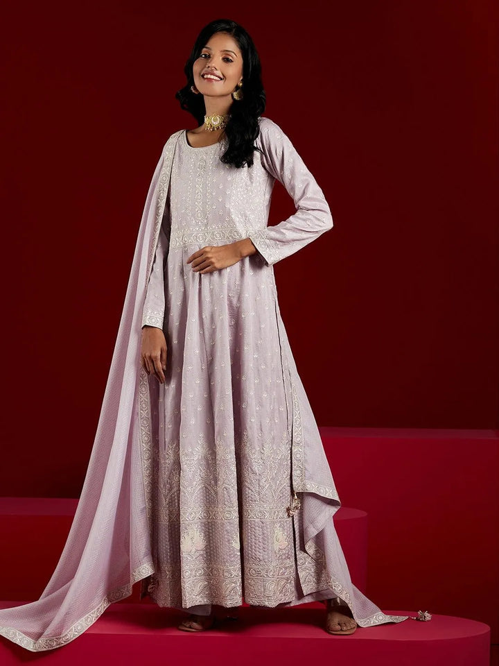 Libas Art Lilac Embroidered Silk A-Line Kurta With Palazzos & Dupatta - Libas