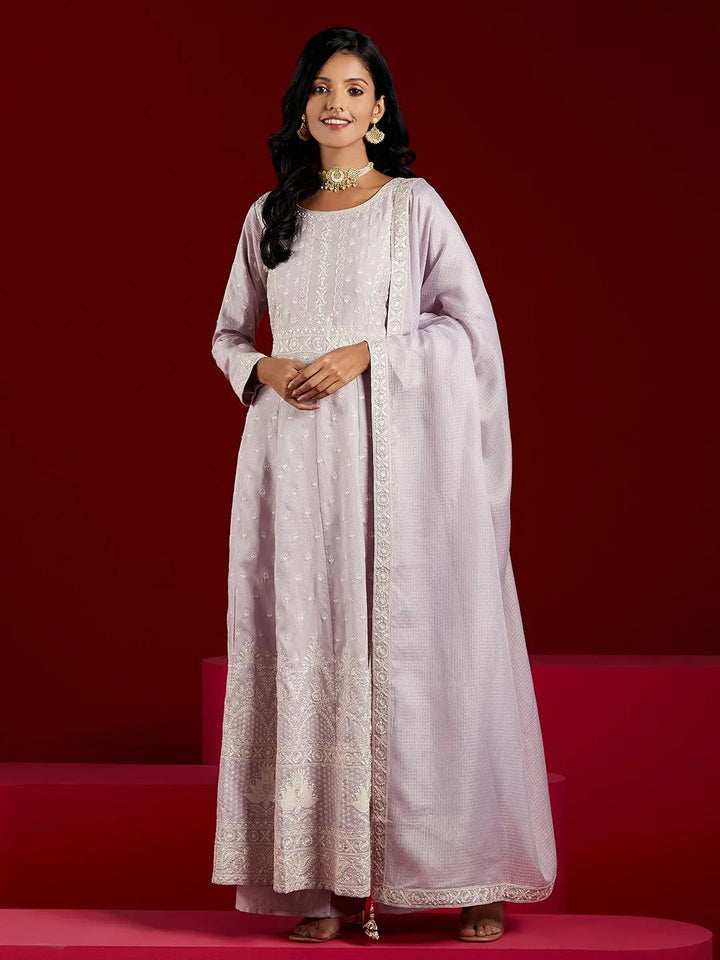 Libas Art Lilac Embroidered Silk A-Line Kurta With Palazzos & Dupatta - Libas