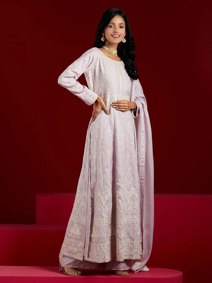 Libas Art Lilac Embroidered Silk A-Line Kurta With Palazzos & Dupatta - Libas