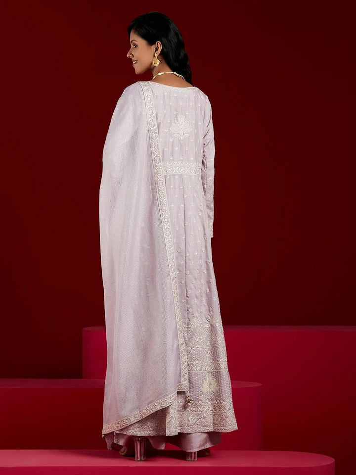 Libas Art Lilac Embroidered Silk A-Line Kurta With Palazzos & Dupatta - Libas