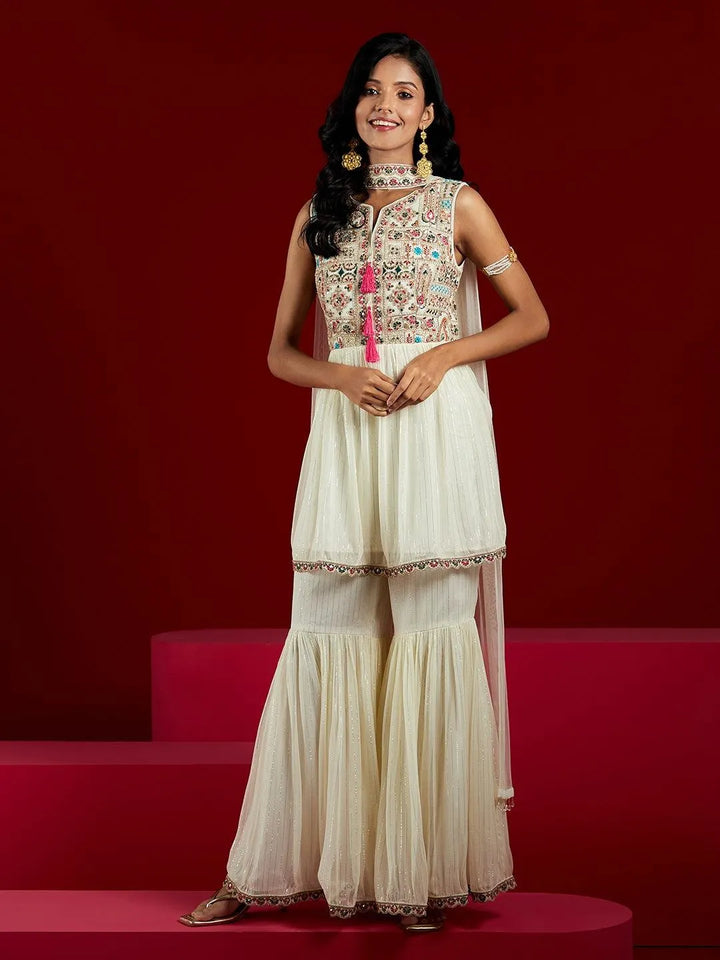 Libas Art Off White Yoke Design Silk Chiffon A-Line Kurta With Sharara & Dupatta - Libas
