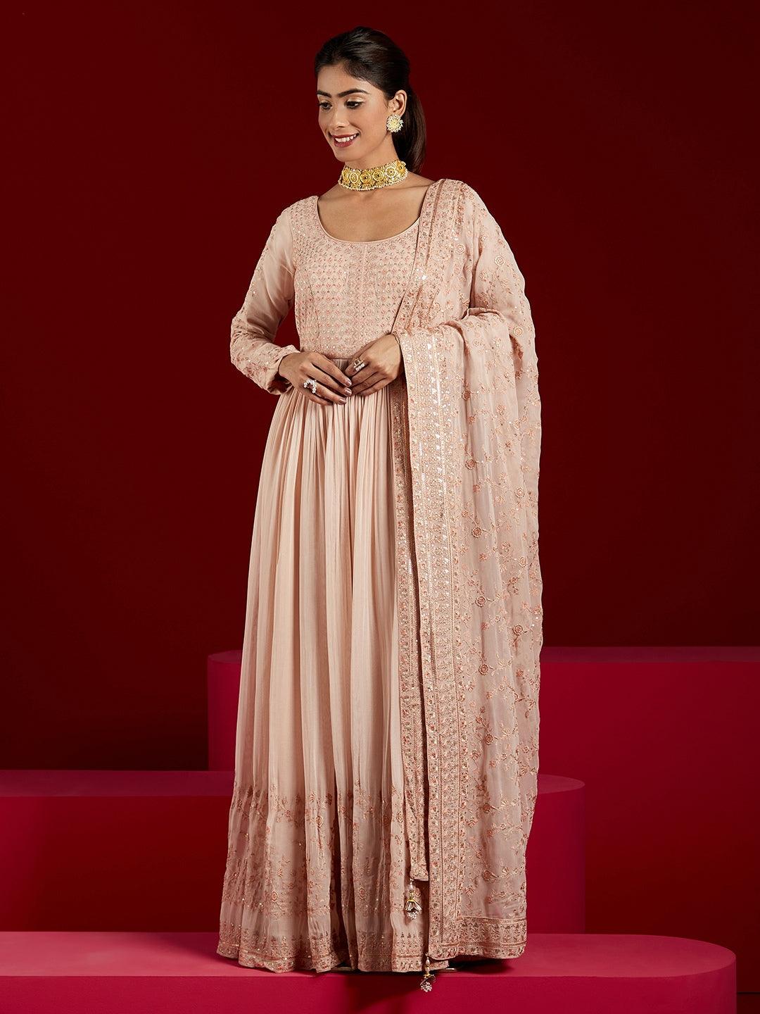 Libas Art Peach Embroidered Georgette Anarkali Suit With Dupatta