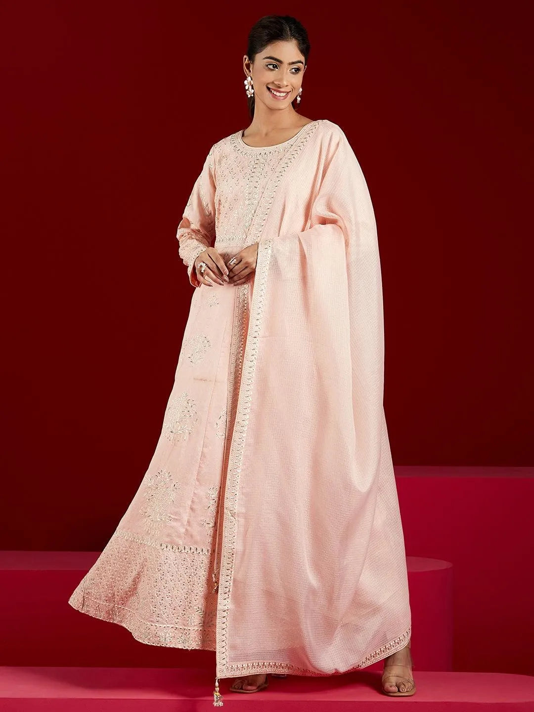 Libas Art Peach Embroidered Silk A-Line Kurta With Trousers & Dupatta - Libas