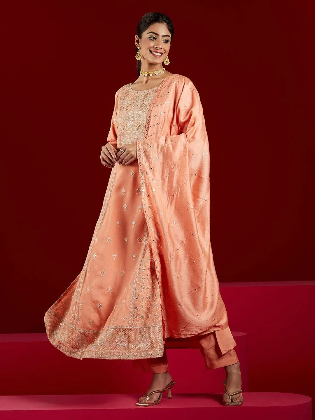 Libas Art Peach Embroidered Silk Blend A-Line Kurta With Trousers & Dupatta - Libas