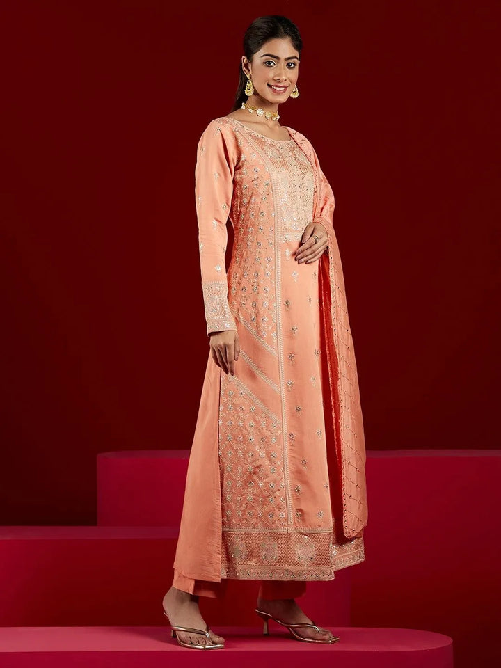 Libas Art Peach Embroidered Silk Blend A-Line Kurta With Trousers & Dupatta - Libas