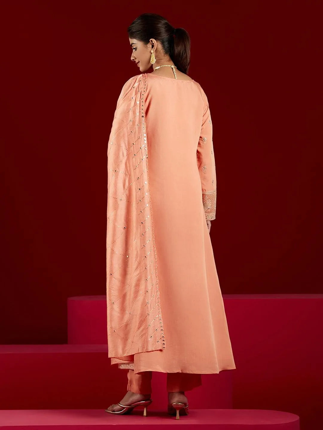 Libas Art Peach Embroidered Silk Blend A-Line Kurta With Trousers & Dupatta - Libas 