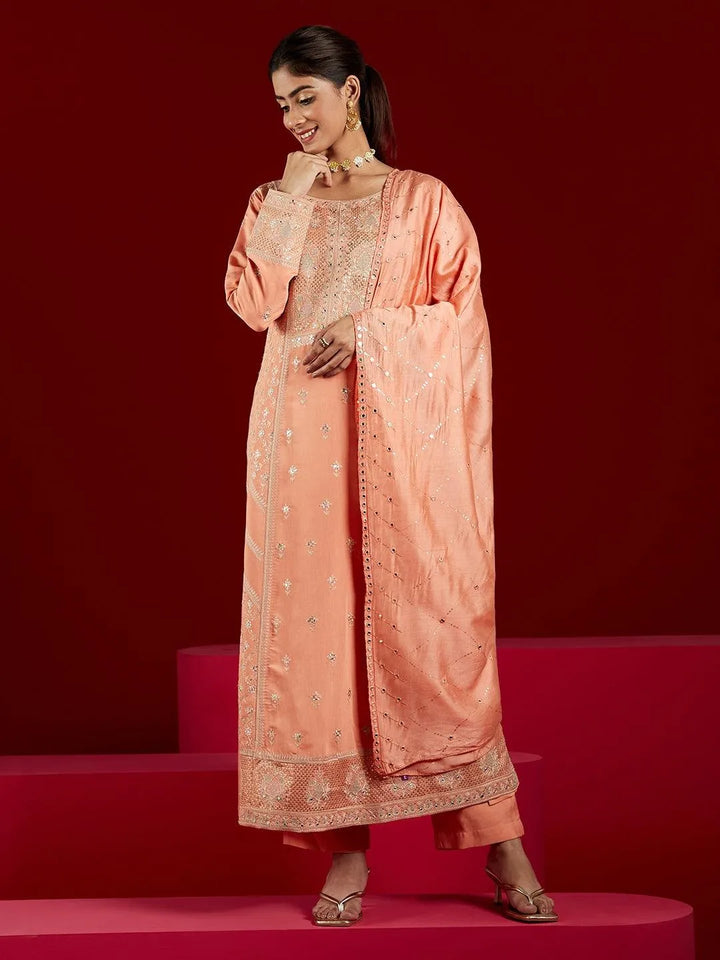 Libas Art Peach Embroidered Silk Blend A-Line Kurta With Trousers & Dupatta - Libas