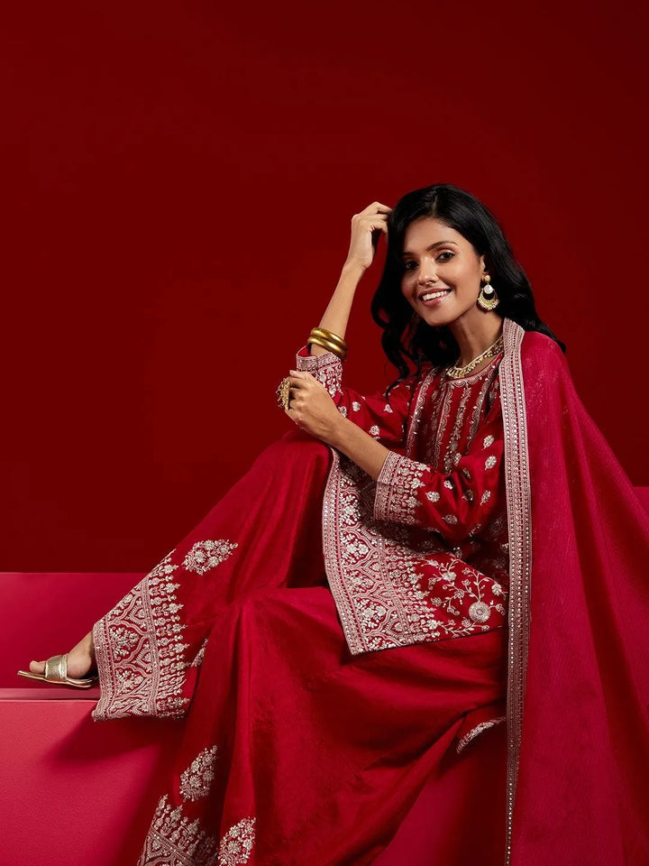 Libas Art Pink Embroidered Silk Straight Kurti With Palazzos & Dupatta - Libas
