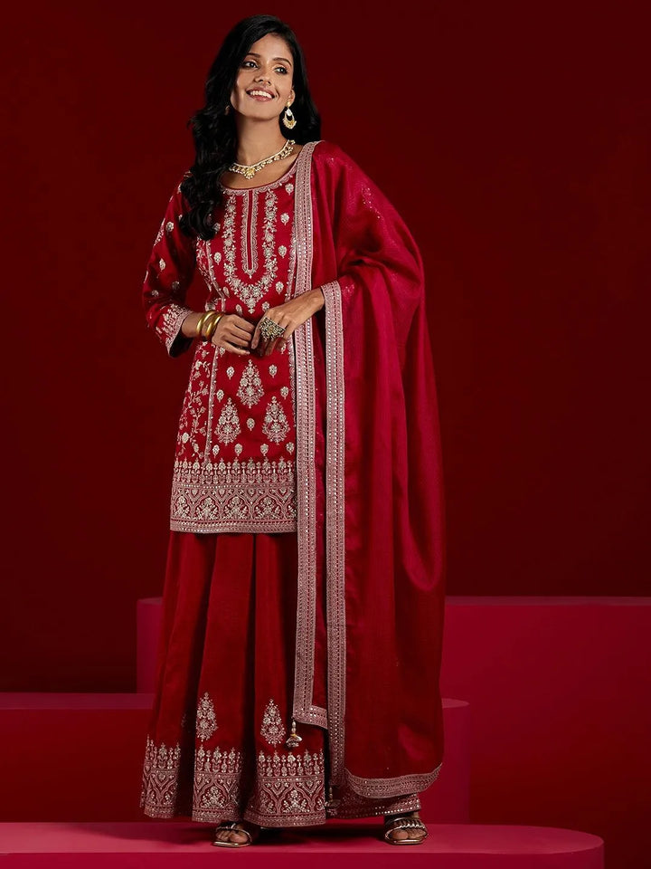 Libas Art Pink Embroidered Silk Straight Kurti With Palazzos & Dupatta - Libas