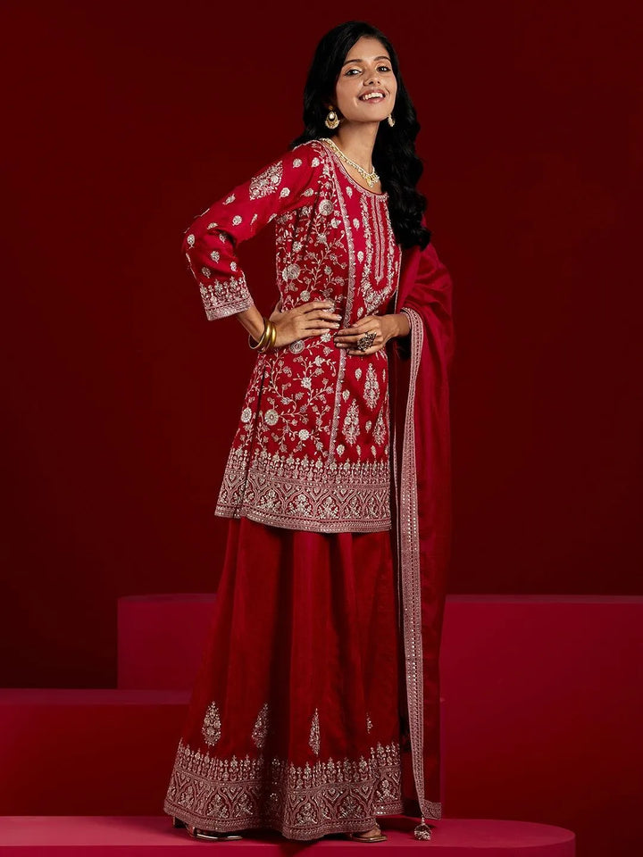 Libas Art Pink Embroidered Silk Straight Kurti With Palazzos & Dupatta - Libas
