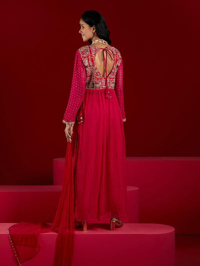 Libas Art Pink Yoke Design Georgette Anarkali Kurta With Trousers & Dupatta - Libas