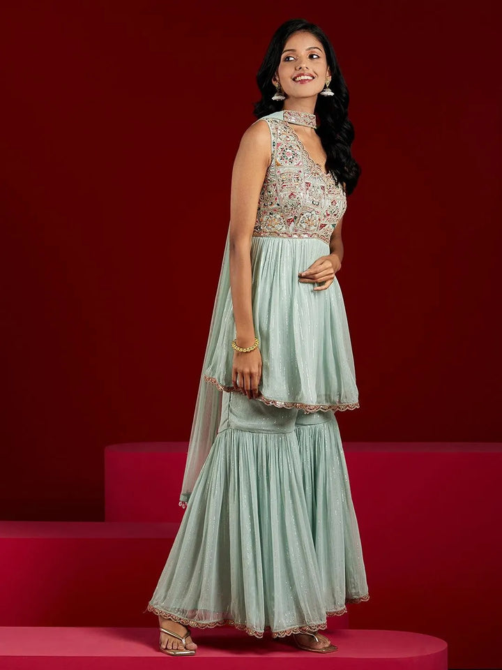 Libas Art Powder Blue Embroidered Chiffon A-Line Kurti With Sharara & Dupatta - Libas