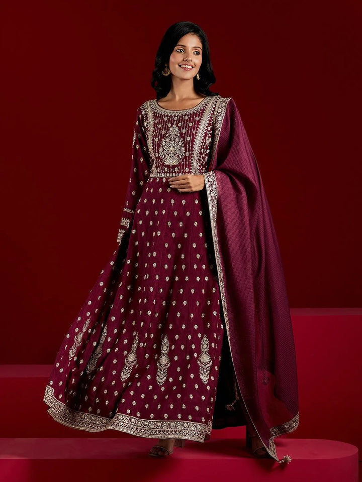 Libas Art Wine Embroidered Silk A-Line Kurta With Trousers & Dupatta - Libas