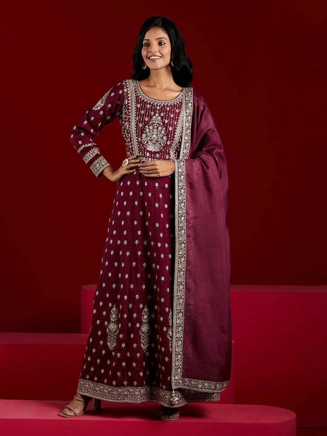Libas Art Wine Embroidered Silk A-Line Kurta With Trousers & Dupatta - Libas 