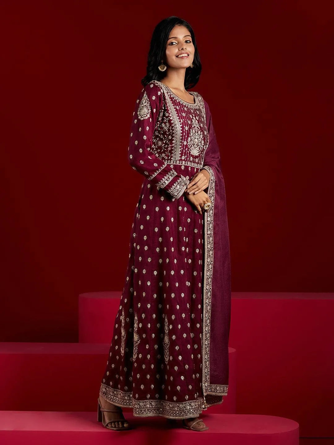 Libas Art Wine Embroidered Silk A-Line Kurta With Trousers & Dupatta - Libas 