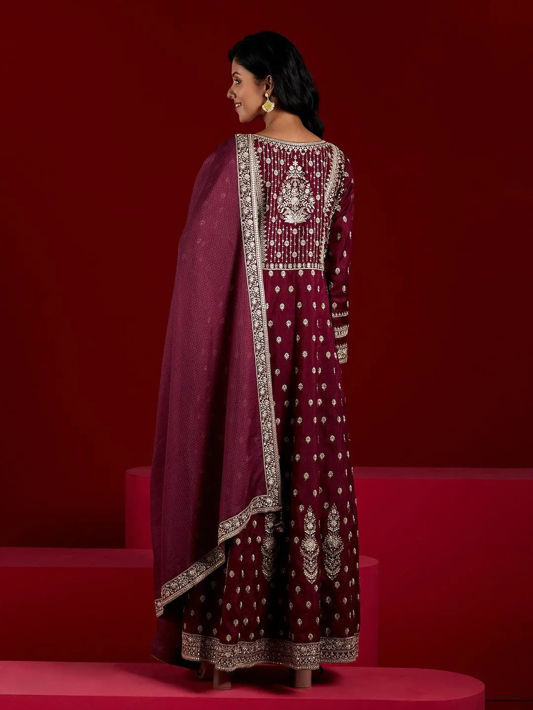 Libas Art Wine Embroidered Silk A-Line Kurta With Trousers & Dupatta - Libas 