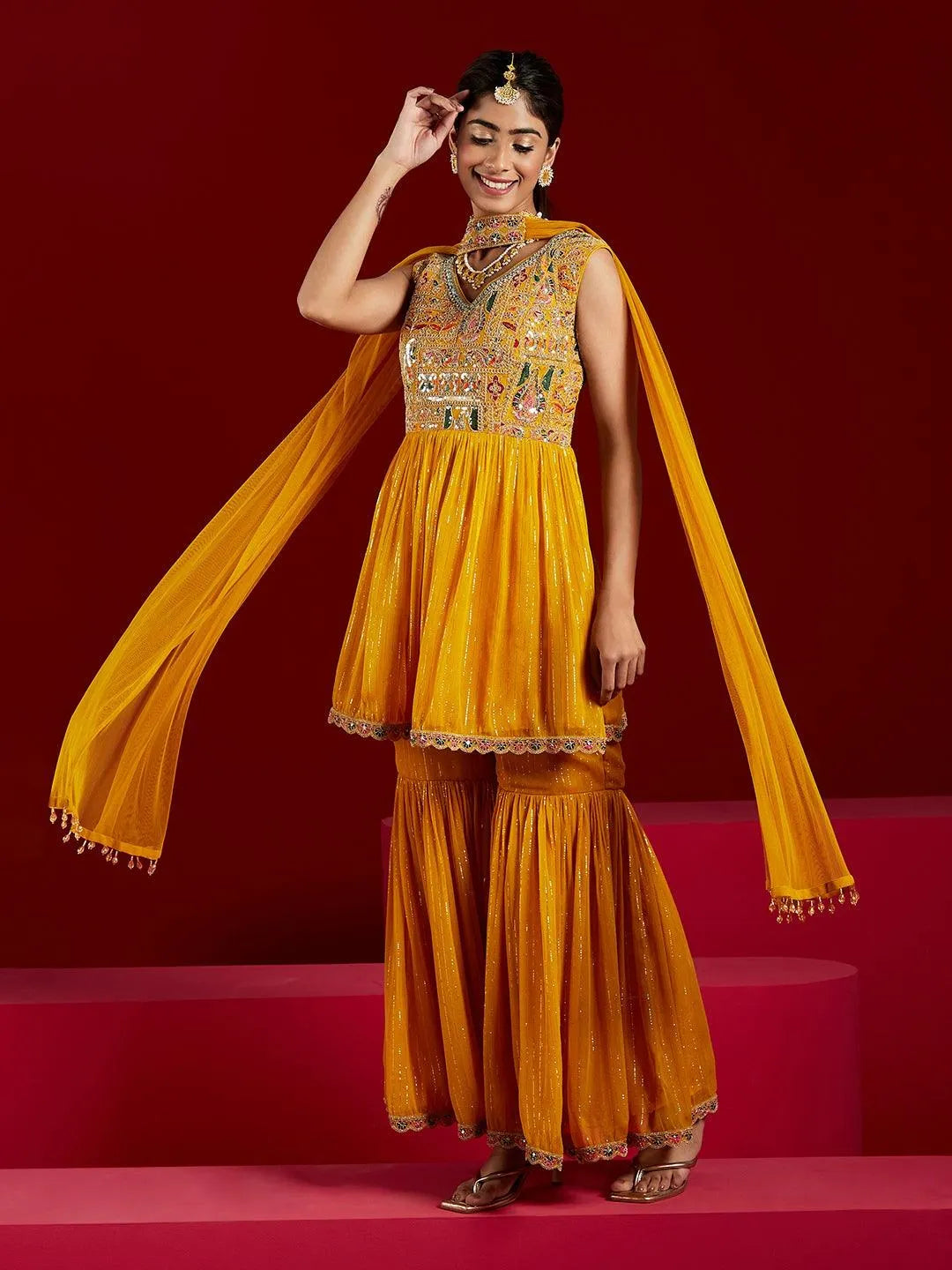 Libas Art Yellow Embroidered Chiffon A-Line Kurti With Sharara & Dupatta - Libas