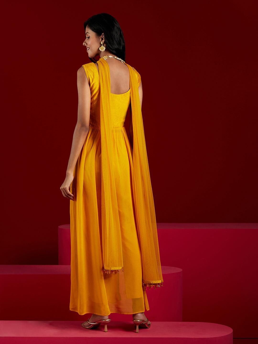 Libas Art Yellow Yoke Design Georgette Anarkali Suit With Dupatta