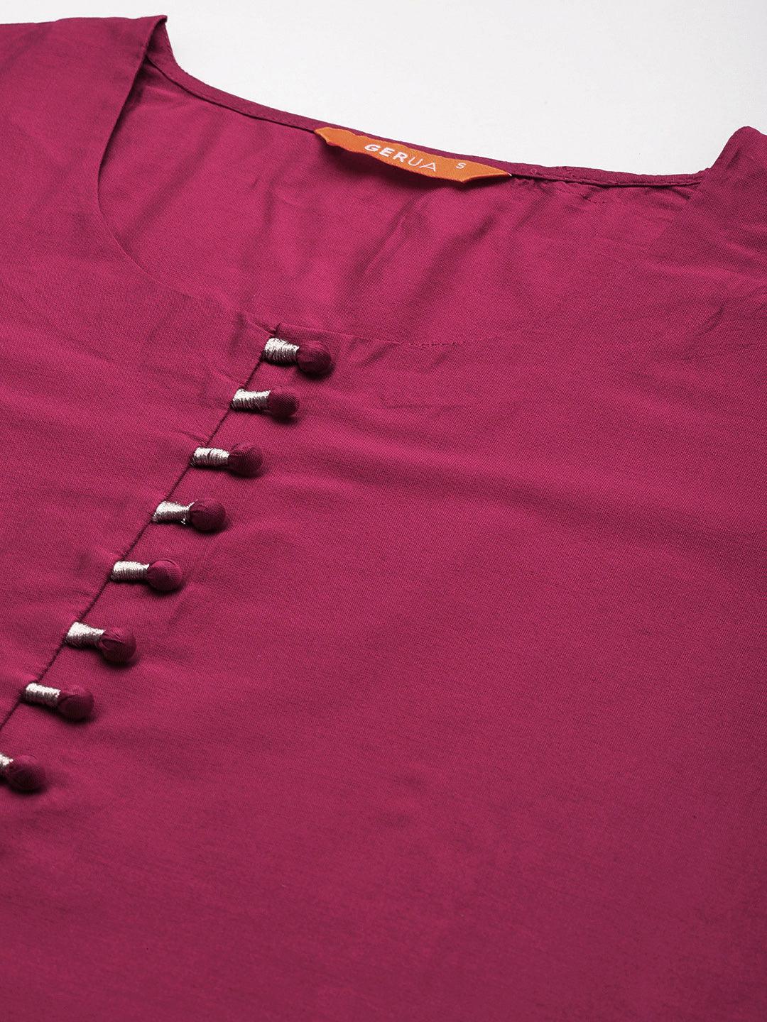 Magenta Solid Silk Blend Straight Kurta With Trousers & Dupatta - Libas