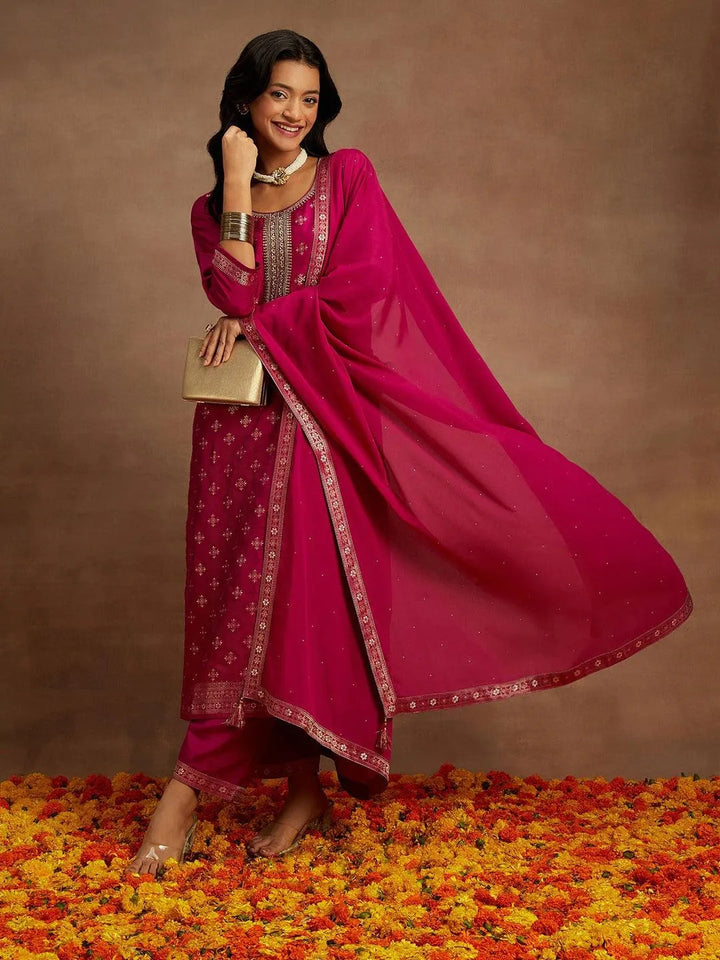 Magenta Woven Design Silk Blend Straight Kurta With Trousers & Dupatta - Libas