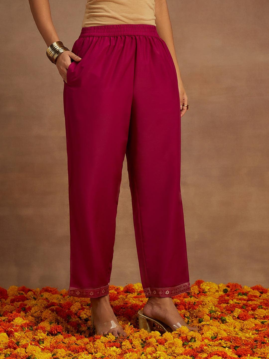 Magenta Woven Design Silk Blend Straight Kurta With Trousers & Dupatta - Libas