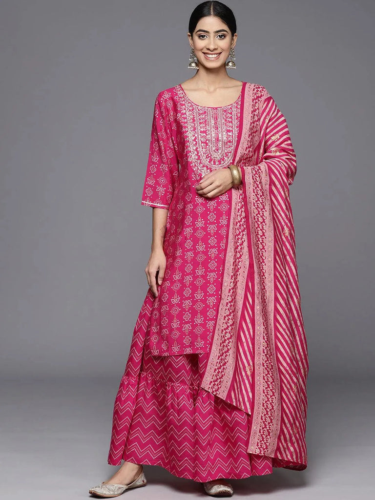 Libas Magenta Yoke Design Silk Blend Straight Suit With Dupatta