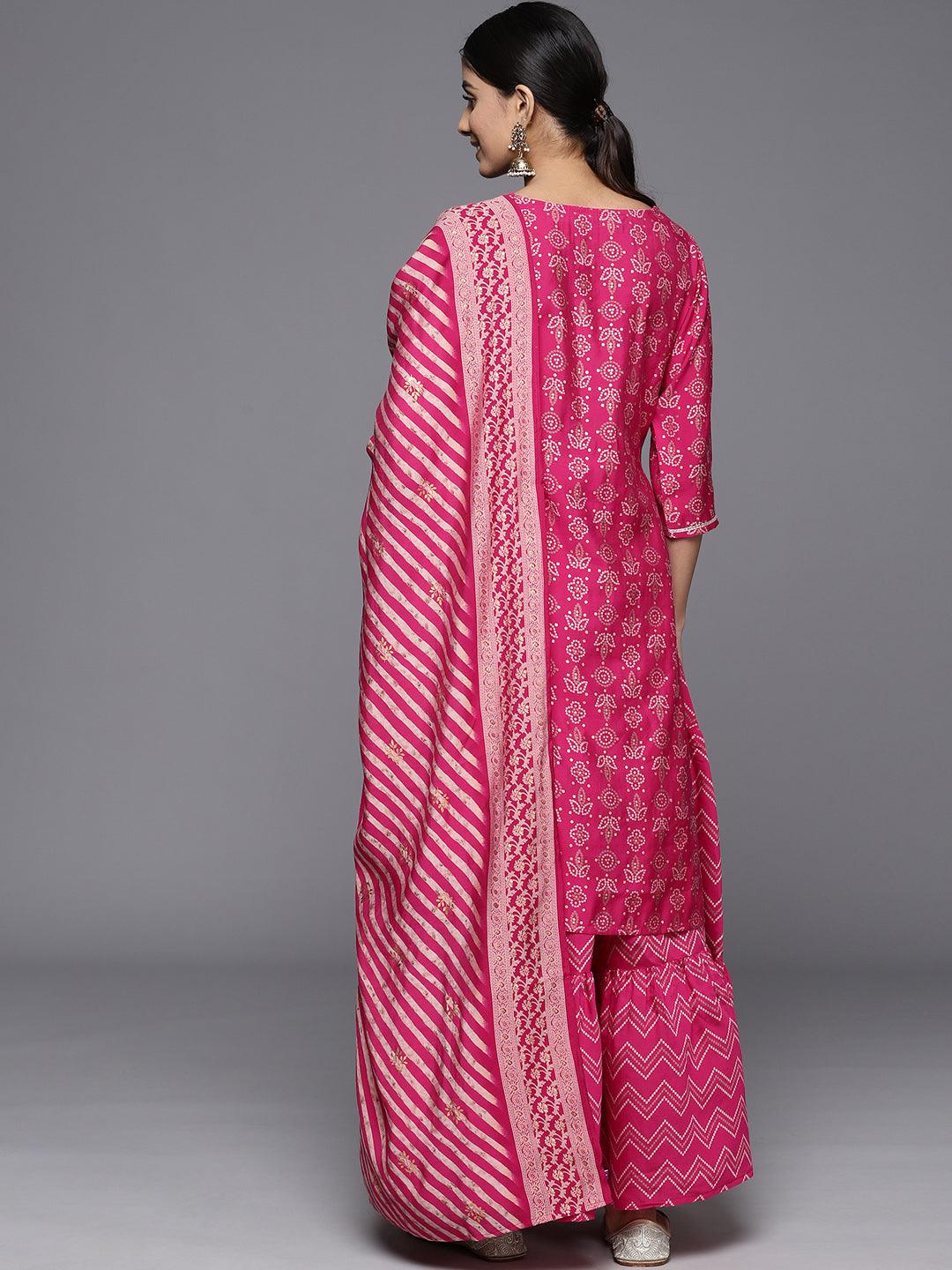 Magenta Yoke Design Silk Blend Straight Kurta With Skirt & Dupatta - Libas