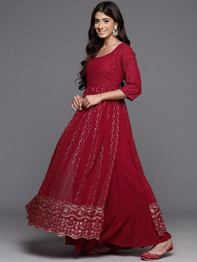 Maroon Embroidered Georgette A-Line Kurta With Palazzos & Dupatta - Libas