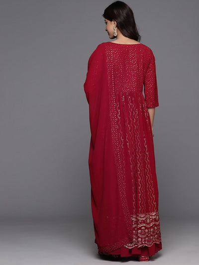 Maroon Embroidered Georgette A-Line Kurta With Palazzos & Dupatta - Libas