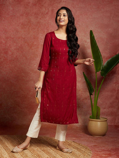 Straight Kurti in Wine Cotton with Embroidered - KTI1287