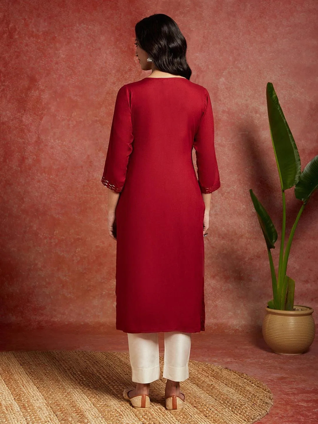 Maroon Embroidered Rayon Straight Kurta - Libas 