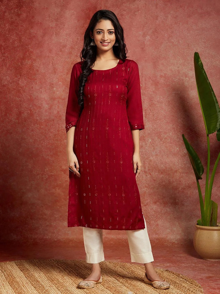 Maroon Embroidered Rayon Straight Kurta - Libas