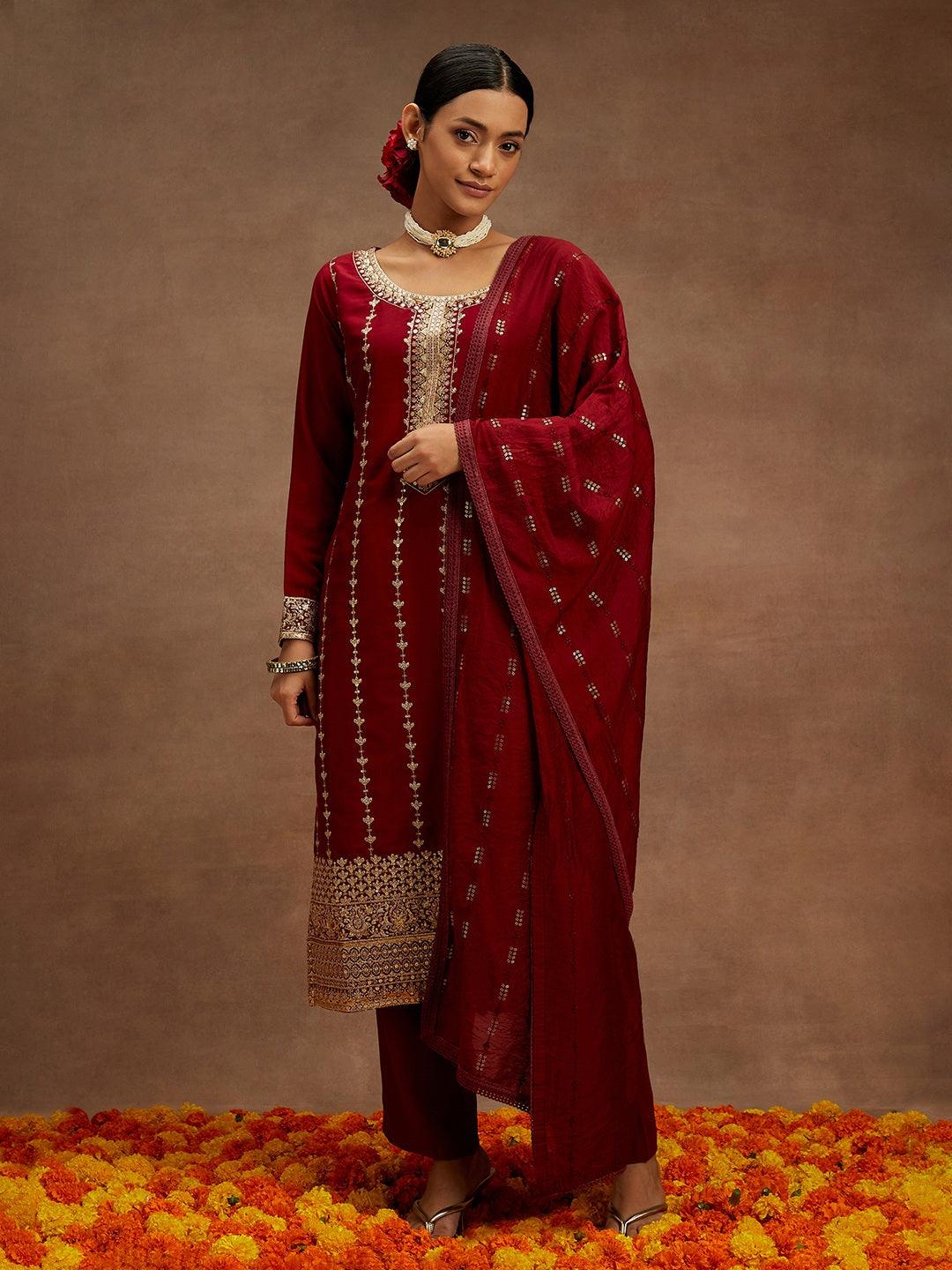 Maroon Embroidered Silk Straight Suit With Dupatta