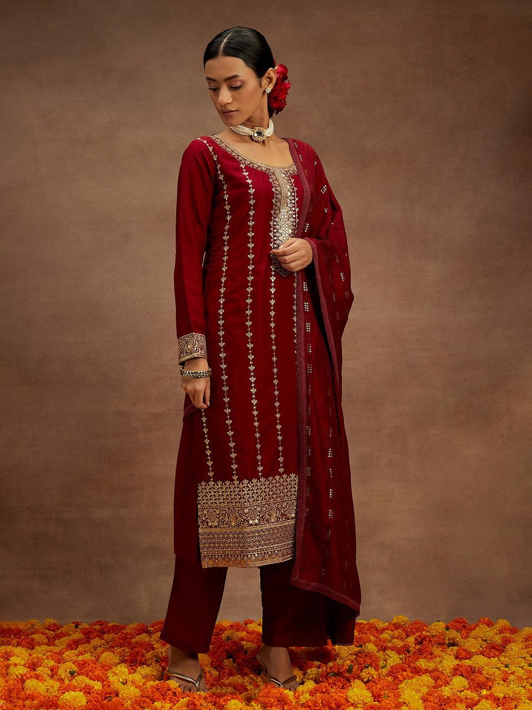 Maroon Embroidered Silk Straight Suit With Dupatta