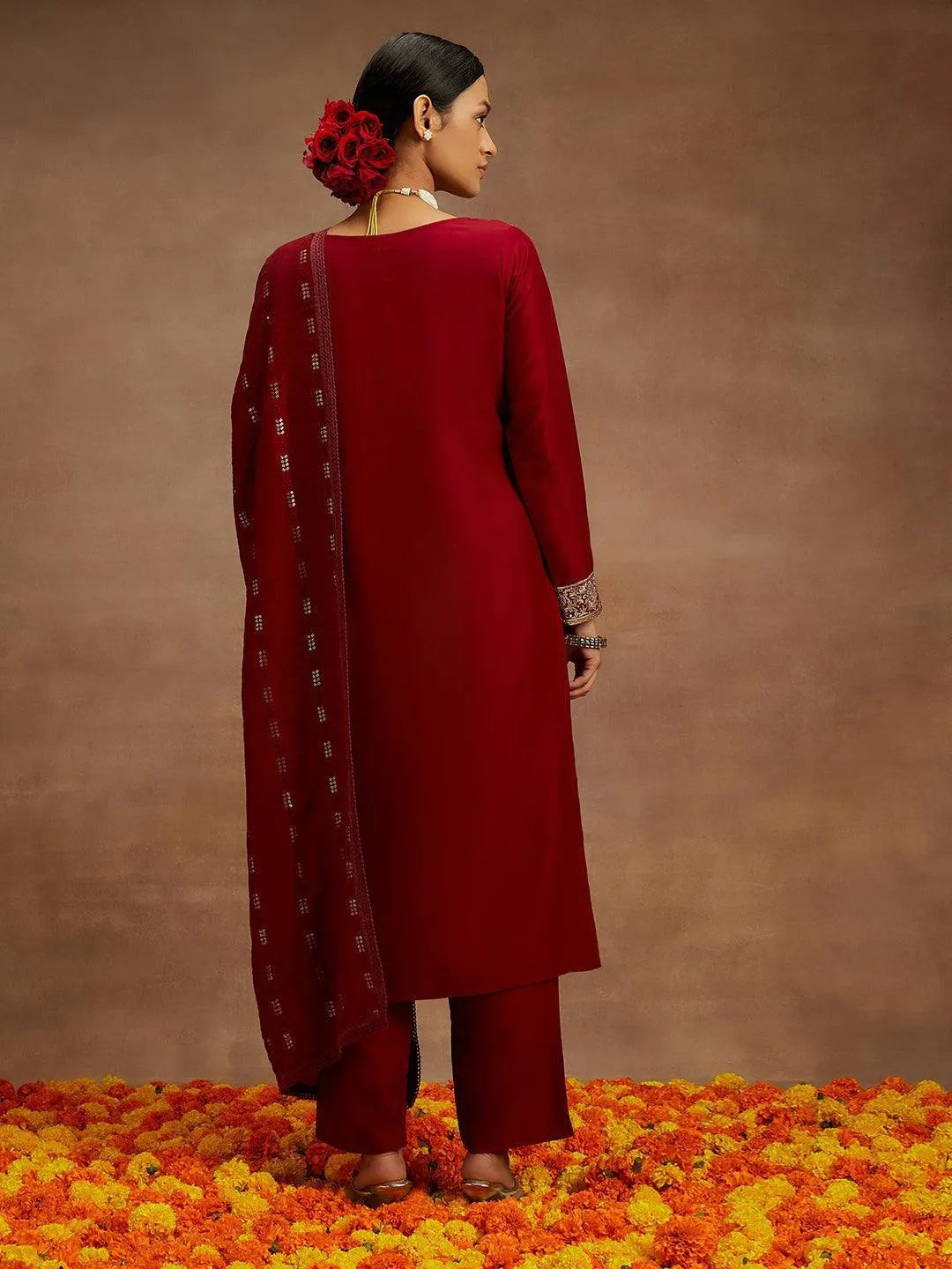 Maroon Embroidered Silk Straight Kurta With Trousers & Dupatta - Libas 