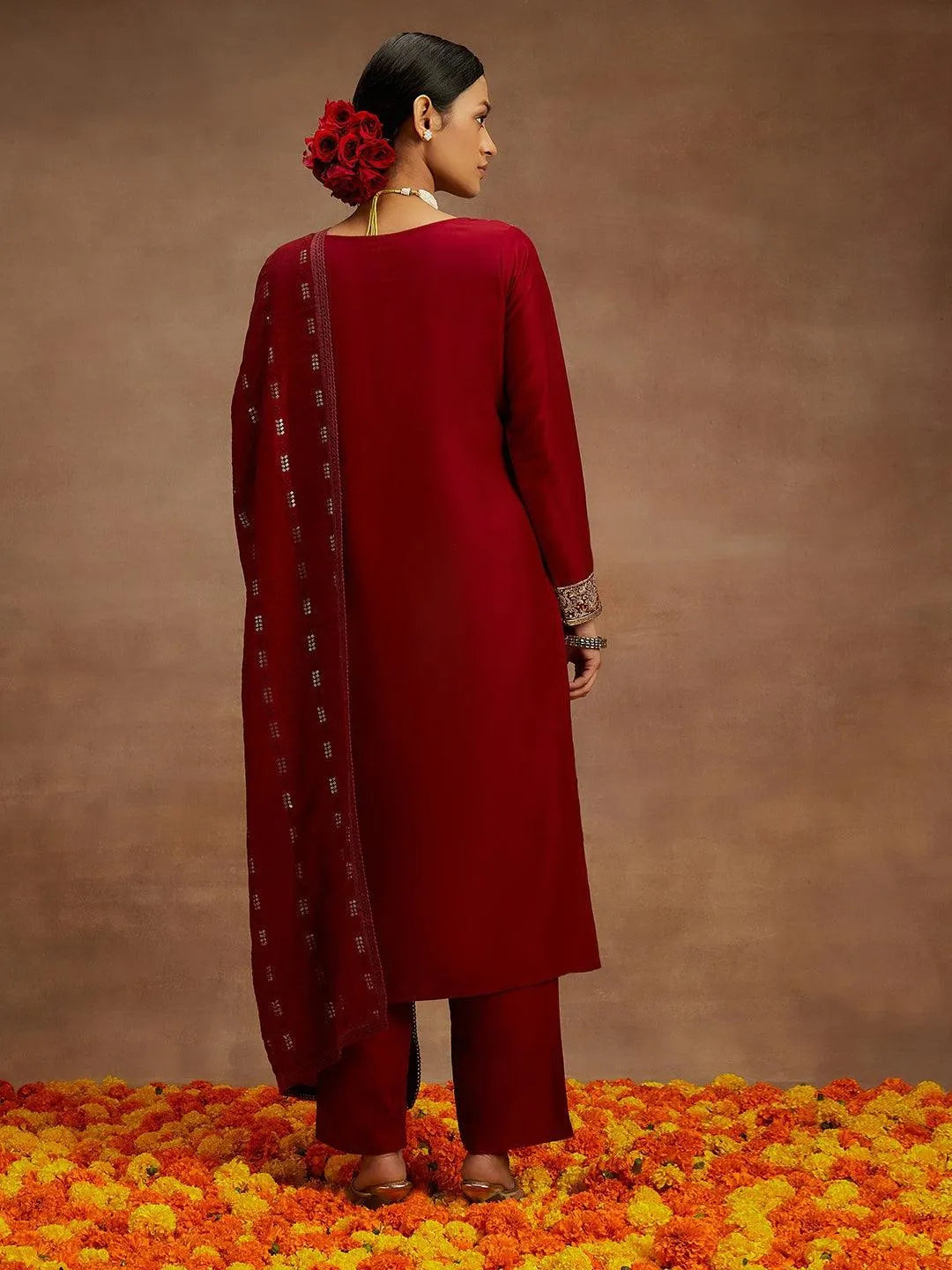 Maroon Embroidered Silk Straight Kurta With Trousers & Dupatta - Libas