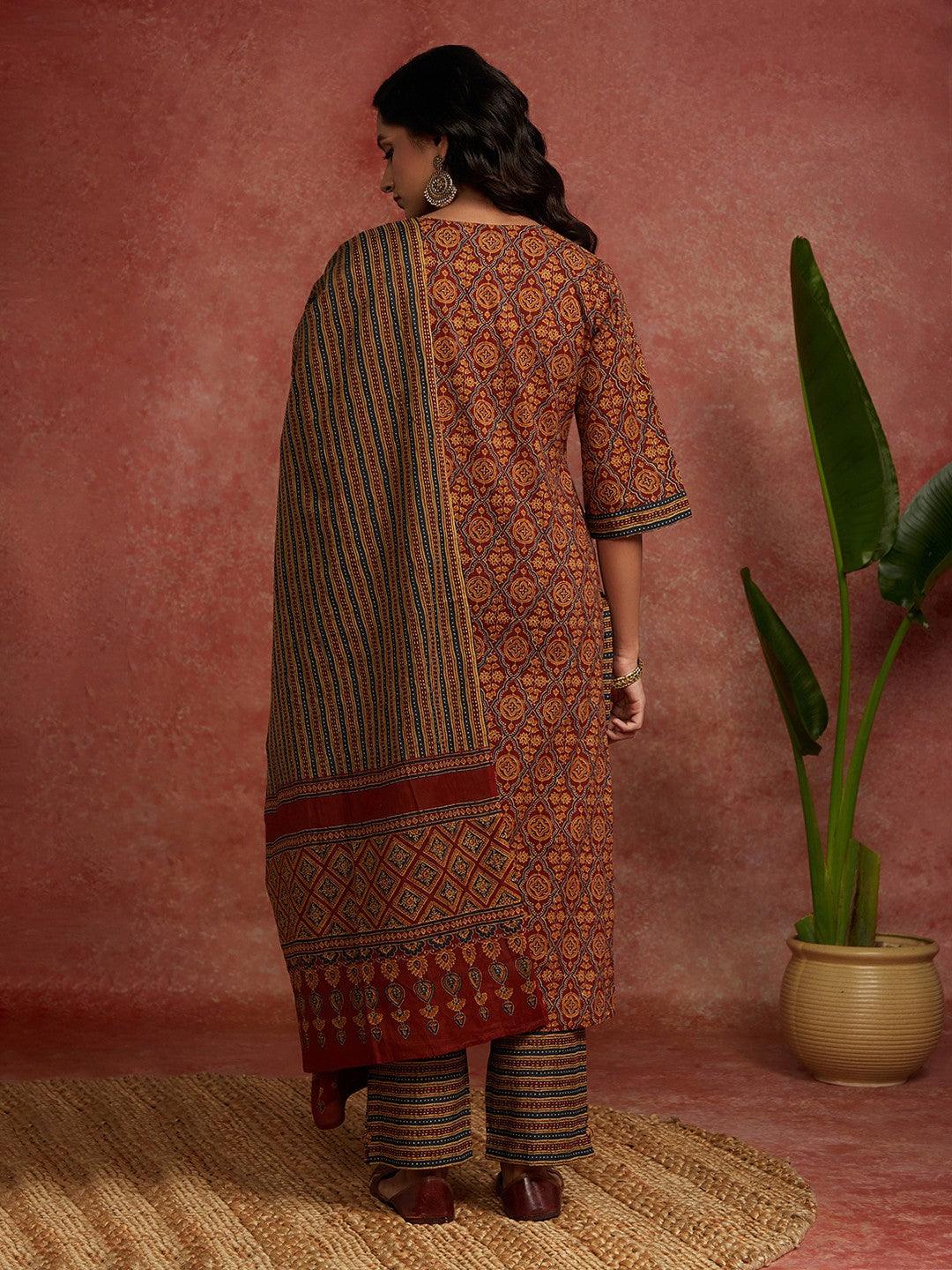 Maroon Printed Cotton Straight Suit With Dupatta