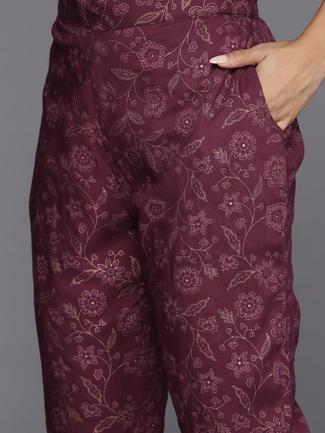Maroon Printed Rayon A-Line Kurta With Trousers & Dupatta