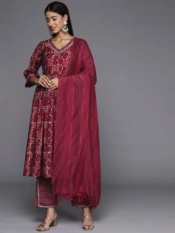 Maroon Printed Silk Blend A-Line Kurta With Trousers & Dupatta