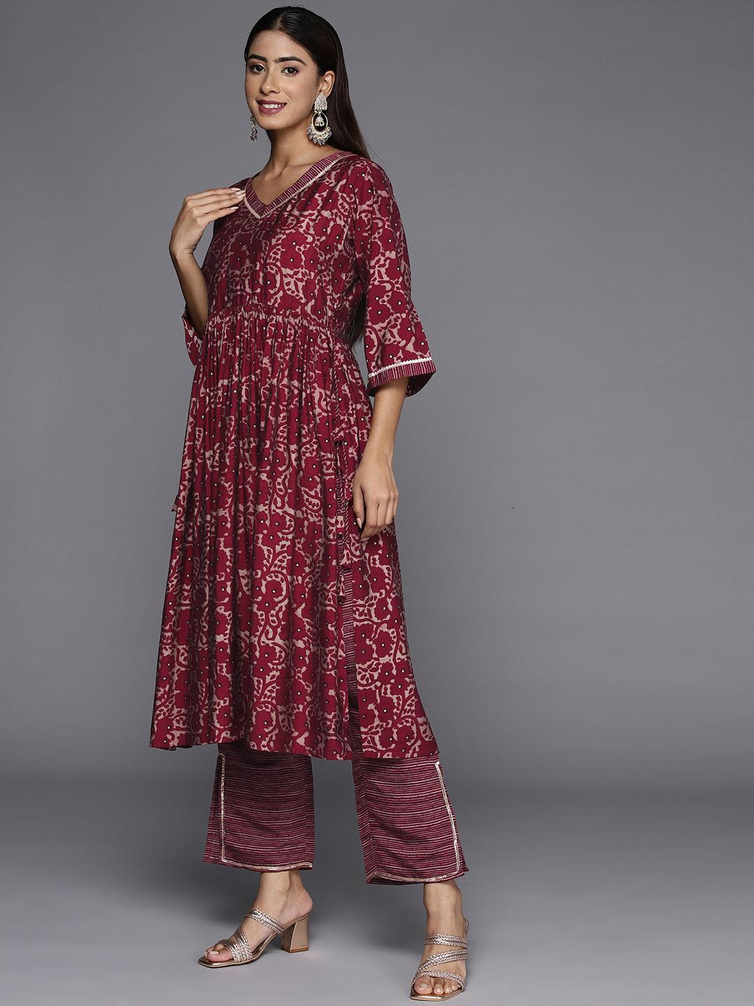 Maroon Printed Silk Blend A-Line Kurta With Trousers & Dupatta