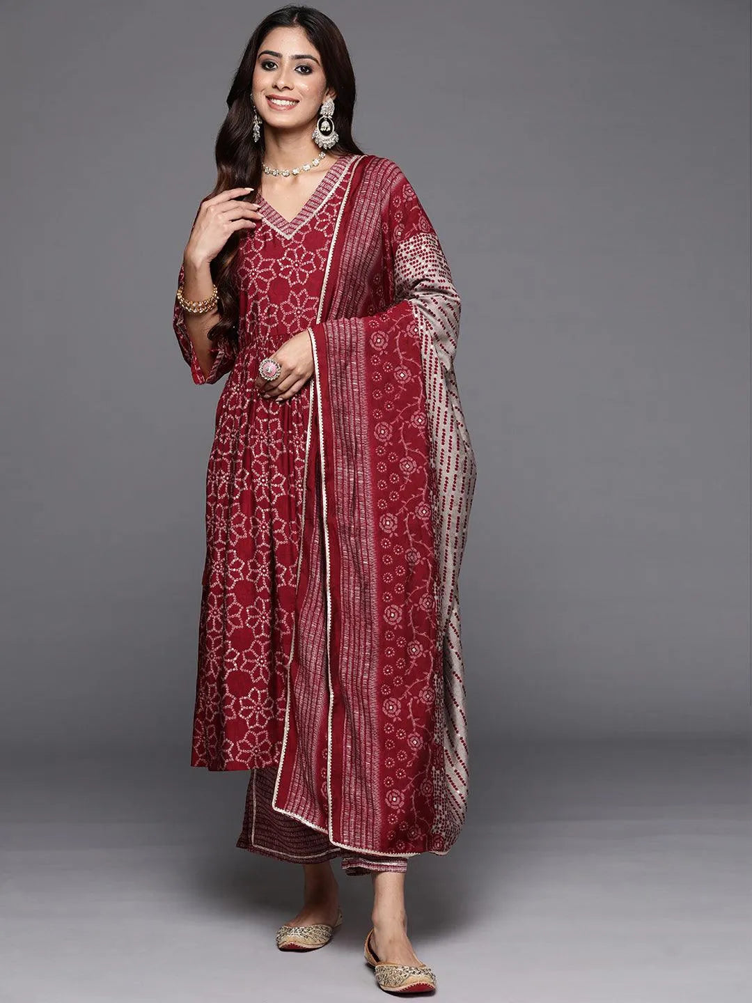 Maroon Printed Silk Blend A-Line Kurta With Trousers & Dupatta - Libas 
