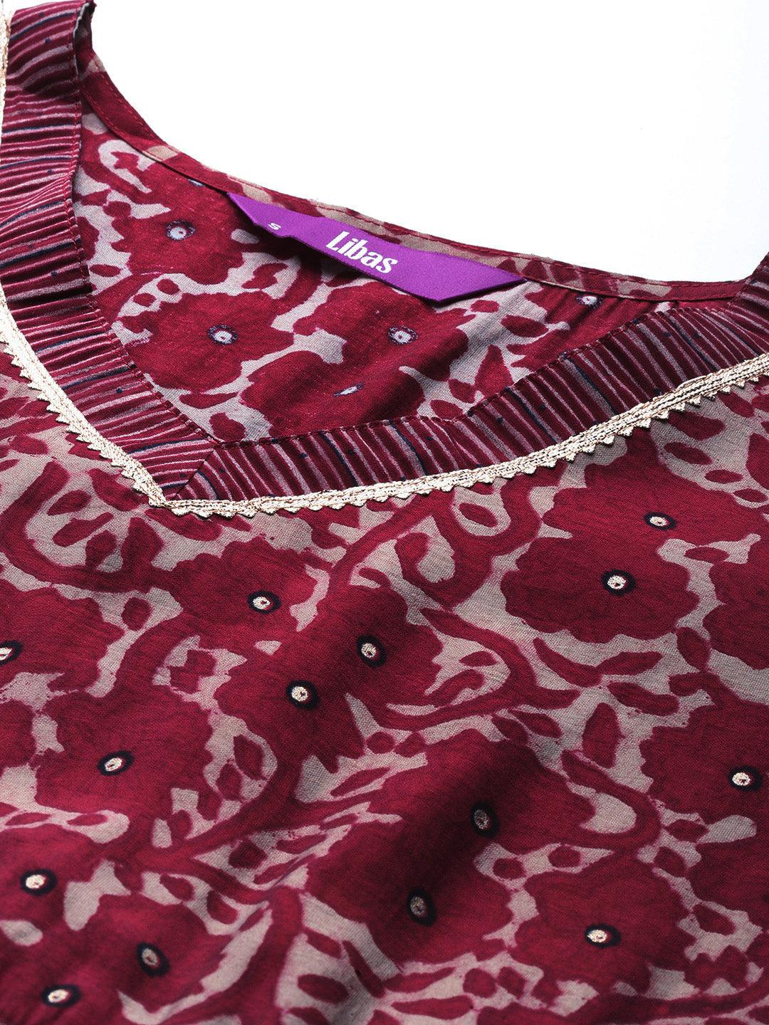 Maroon Printed Silk Blend A-Line Kurta With Trousers & Dupatta