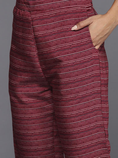 Maroon Printed Silk Blend A-Line Kurta With Trousers & Dupatta - Libas