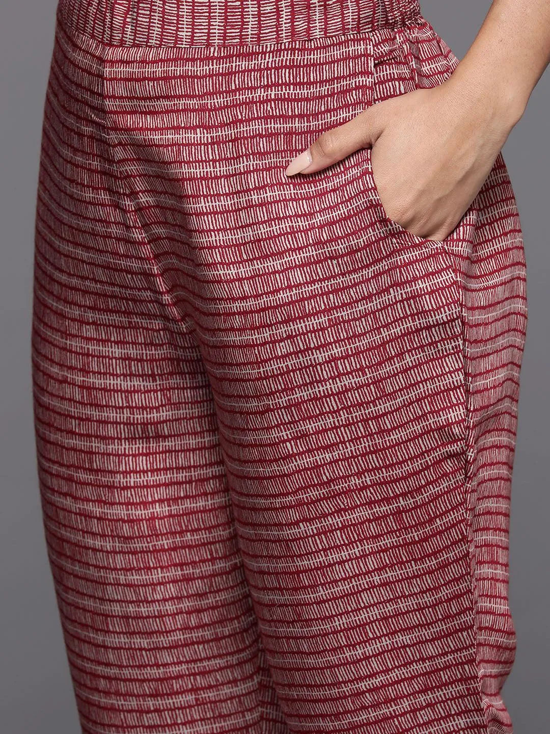 Maroon Printed Silk Blend A-Line Kurta With Trousers & Dupatta - Libas 