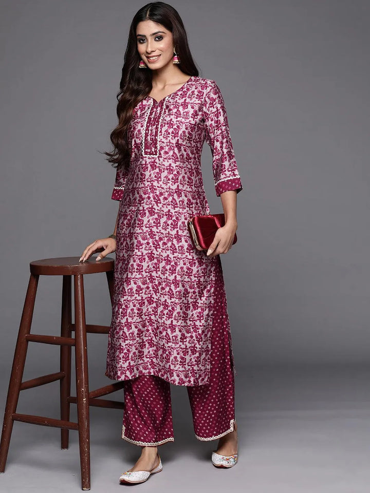 Maroon Printed Silk Blend Straight Kurta With Palazzos - Libas
