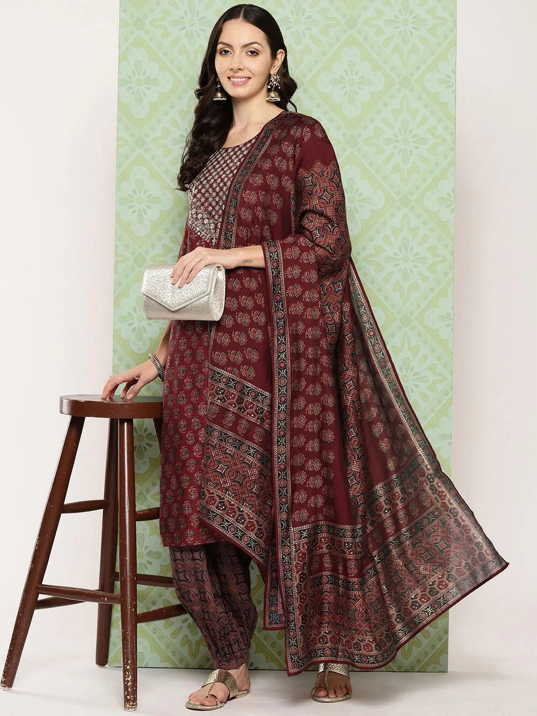 Maroon Printed Silk Blend Straight Kurta With Salwar & Dupatta - Libas