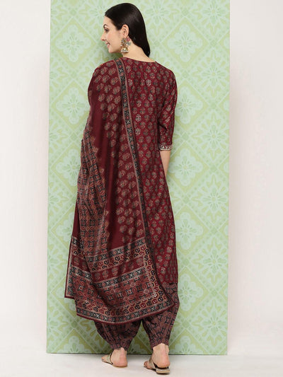 Maroon Printed Silk Blend Straight Kurta With Salwar & Dupatta - Libas