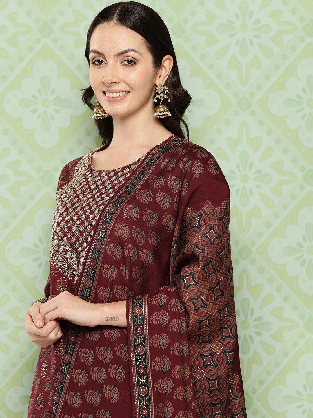 Maroon Printed Silk Blend Straight Kurta With Salwar & Dupatta - Libas